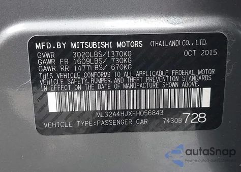 2015 Mitsubishi Mirage Es/Rf z USA, uszkodzony, nr VIN ML32A4HJXFH056843